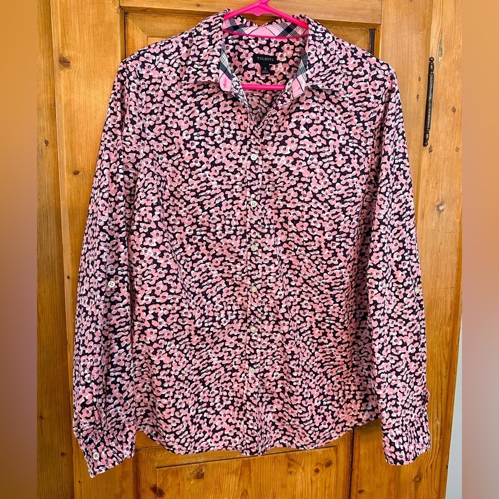 Talbots Fitted Style Floral Button Up Blouse w/Plaid Accents Sz 12 Vintage
